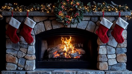 Cozy Christmas Fireplace with Burning Fire and Stocking