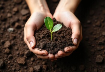 Hands Holding Young Plant Sprout in Soil