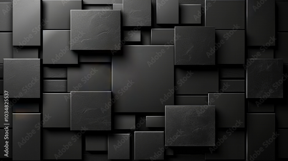 Poster a modern wall features an array of textured black panels in varying sizes and shapes, creating a str