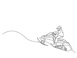 Continuous one line drawing of rider snowmobile extreme sport. Man riding snow scooter line art vector illustration. Editable vector.