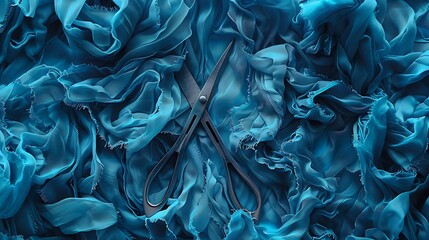 A bunch of azure material has a pair of cutters on it