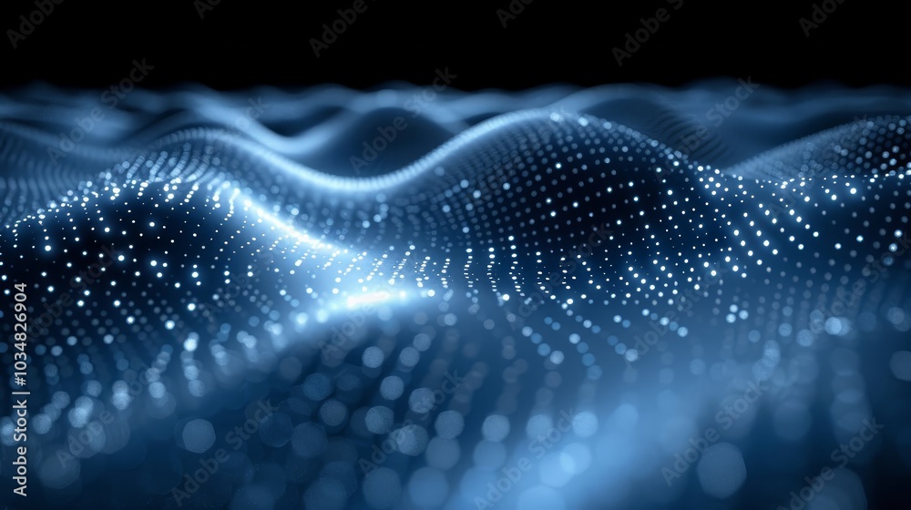 Poster soft waves of light ripple across a dark surface, illuminated by countless tiny points of brightness