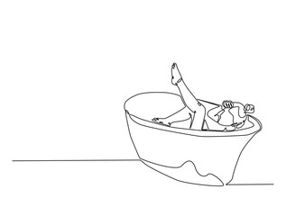Continuous one line drawing of lady relaxing in the bath. Beautiful lady in the bathtub line art vector illustration. Editable vector.