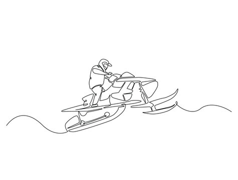 recommend clip art: Continuous one line drawing of rider snowmobile extreme sport. Man riding snow scooter line art vector illustration. Editable vector.