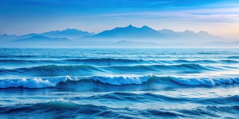 A Serene Seascape with Rolling Waves Crashing Against the Shore, Under a Sky of Light Blue and White, with a Distant Mountain Range in the Background