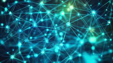 Obraz premium artificial intelligence (ai) neural network: an abstract neural network with glowing nodes and connecting lines in cool blue and green hues