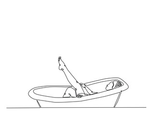 Continuous one line drawing of lady relaxing in the bath. Beautiful lady in the bathtub line art vector illustration. Editable vector.