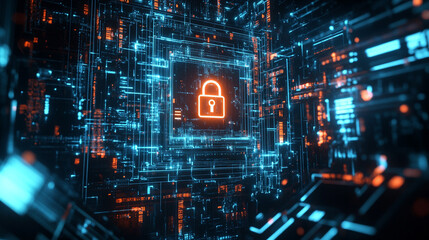 Fototapeta premium cybersecurity visualization: an abstract representation of cybersecurity, featuring a glowing lock icon surrounded by circuit-like patterns