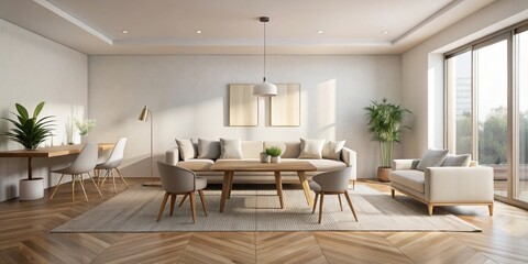 Fototapeta premium A minimalist living room with a light beige sofa, a wooden coffee table, two beige chairs, and a large window offering a view of greenery.