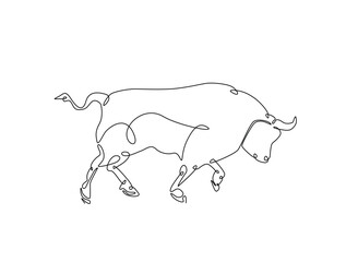 Continuous one line drawing of bull with white background. Buffalo single line art vector illustration. Editable vector.