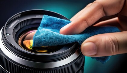 Hand cleaning camera lens with a microfiber cloth on dark background.