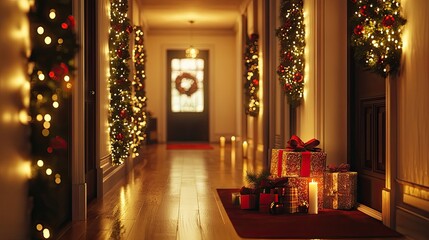 A Festive Hallway with Christmas Decorations and Gifts