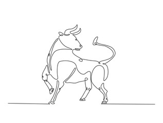 Continuous one line drawing of bull with white background. Buffalo single line art vector illustration. Editable vector.