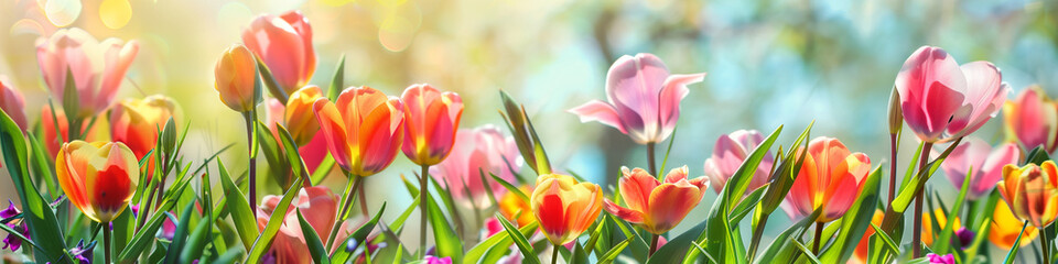 Naklejka premium A stunning display of fresh blooming flowers in a garden, showcasing a variety of colors surrounded by lush green leaves under warm, soft sunlight, banner