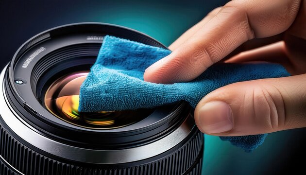 Hand cleaning camera lens with a microfiber cloth on dark background.