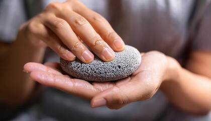 Person using a pumice stone for skincare, focusing on hand and stone details.