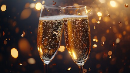 A celebratory champagne toast, close-up of two glasses clinking together, golden bubbles and sparkling splashes, festive confetti falling around, warm highlights, deep shadows for contrast,