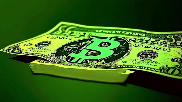 a dollar bill  and  a bitcoin logo