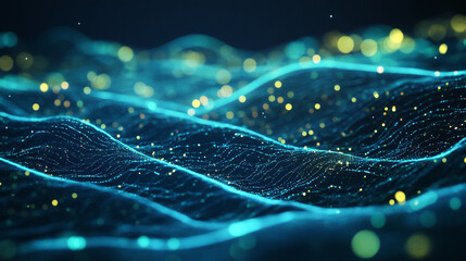 renewable energy flow: an abstract visualization of renewable energy flow, featuring glowing lines in cool blue and neon green to represent solar and wind power