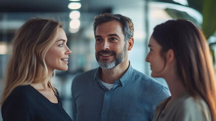 Fototapeta premium a collaborative moment in a modern office, focusing on the upper bodies of three professionals engaged in discussion