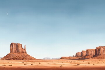 Desert landscape in Western and Americana-themed visual. Desert landscape with iconic rock formations, Monument Valley desert landscape under clear blue sky