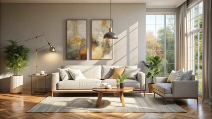 Fototapeta premium A Modern Living Room with Natural Light, Featuring a Plush Sofa, an Accent Chair, a Wooden Coffee Table, and Plants for a Touch of Greenery