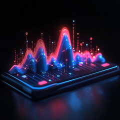 A tablet with a red and blue line graph on it. The graph is in the middle of the screen and is surrounded by a blue border