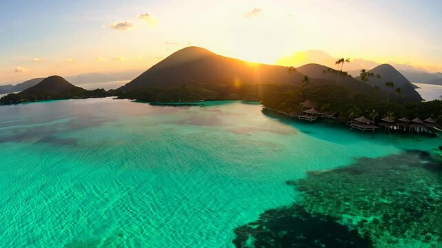 Camera movement and effects: fly-through, high speed video of a tropical sunset over bora bora, french polynesia, skimming over water revealing coral gardens