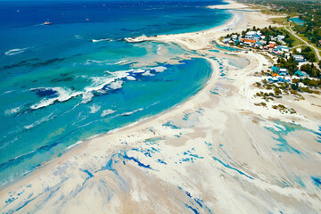 Aerial view of beach with white sand and blue sea in summer. In painting style