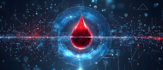 Futuristic digital blood drop symbolizing health technology and medical data analysis
