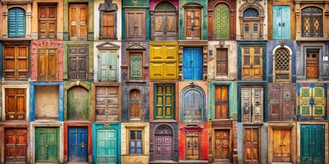 Fototapeta premium A kaleidoscope of vintage and modern doors, each telling a story of passage and entrance. They invite you to explore the unknown, offering a glimpse into different worlds and experiences.