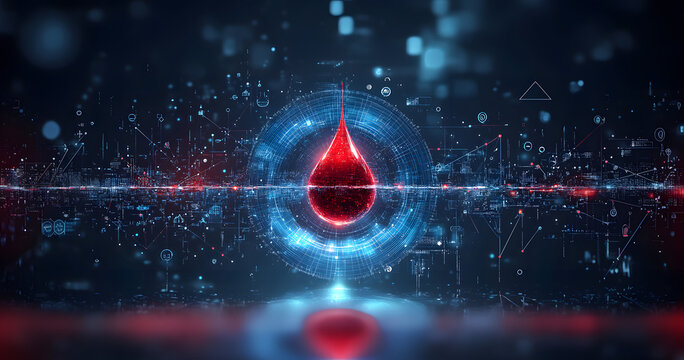 Futuristic digital blood drop symbolizing health technology and medical data analysis
