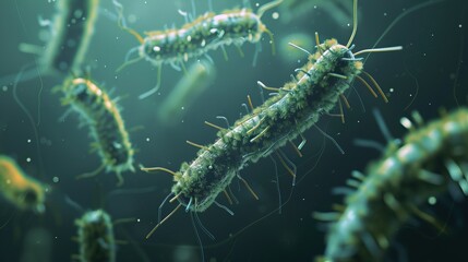 Naklejka premium Ancient microbes under microscope reveal intricate cellular structures, showcasing their mysterious and ancient nature, ideal for scientific and educational content.