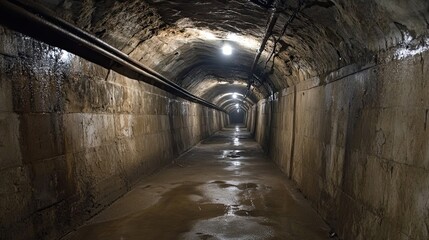 A dimly lit, wet concrete tunnel with a brick ceiling.