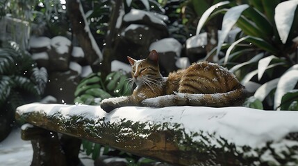 Obraz premium A cat lying on a snowy bench insdie a jungle
