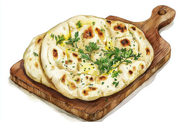 Freshly baked naan bread served on a wooden board, garnished with herbs, perfect for dipping and savoring with various dishes.