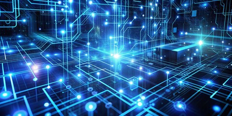 Fototapeta premium Abstract Digital Circuitry with Glowing Blue Lines and Nodes, digital art, technology, network, , circuit board,