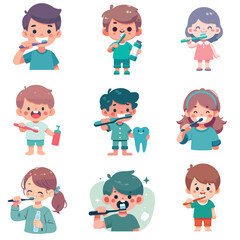 set collection cute kid brushing teeth flat design vector