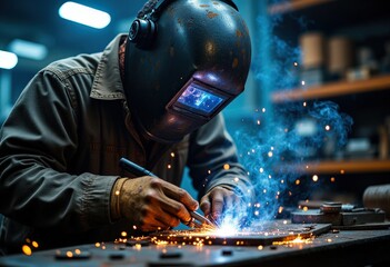 Welder Working with Sparks and Smoke .