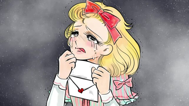70年代少女漫画風、突き返されたラブレターに大粒の涙を流す金髪縦ロール姿のお嬢様と暗雲背景アニメ
