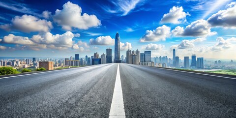 Obraz premium Asphalt Road Leading to a City Skyline with Fluffy Clouds, Urban Landscape, Cityscape, Modern Architecture , city, landscape, skyline