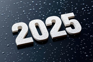 White 2025 Number on Dark Surface with Silver Droplets
