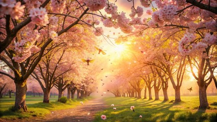 A pathway lined with blossoming trees, bathed in the golden light of the setting sun, with delicate butterflies dancing in the air