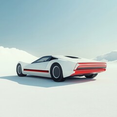 A white car with red stripes is parked on a snowy mountain
