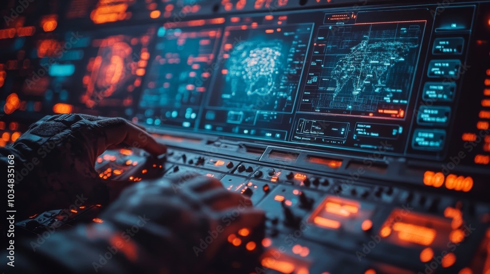Poster A person interacts with colorful control panels filled with data visualizations, showcasing a complex interface in a dark, high-tech operations center.