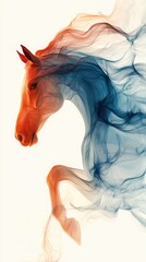 A horse with a red mane and blue tail is depicted in a painting