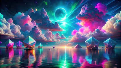 Obraz premium Reflective geometric shapes stand amidst vibrant, surreal clouds and an ethereal celestial body, all mirroring in the tranquil water below.