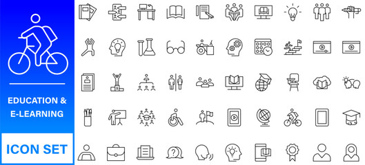 Naklejka premium Education and Learning web icons in line style. Online Education Line Outline Icon Set Vector. Editable Stroke.