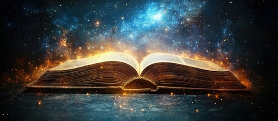 Open Magical Book with Glowing Pages and Cosmic Background in a Mystical Fantasy Setting