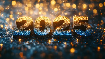 A glamorous &ldquo;2025&rdquo; text with glittery gold and blue colors, glowing stars and shimmering sparkles, confetti floating in mid-air, soft glow and radiant lighting,